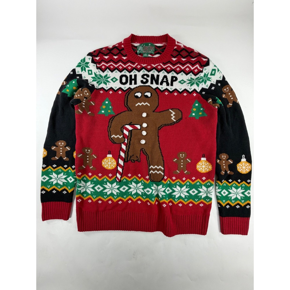 Ugly Christmas Sweater Oh Snap Gingerbread Man Fair Isle Red Knit Medium NRXF3S
